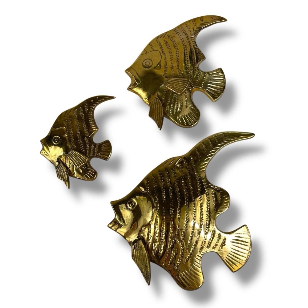 Brass Angelfish Wall Decor 3 3D Nautical Ocean Hanging 1 Missing Fin Vintage